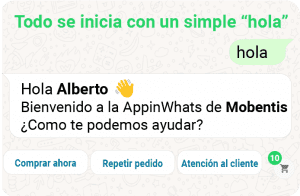 mensaje de saludo automatico de mobentis en whatsapp para atencion y gestion de clientes b2b