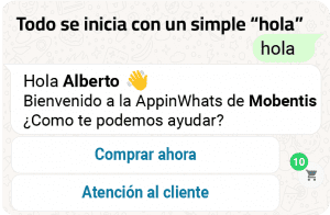 Mensaje de saludo automático enviado por WhatsApp Business para iniciar pedidos con Mobentis