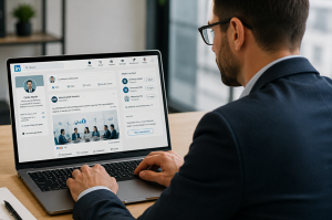 Profesional utilizando LinkedIn para conectar con responsables de decisión y desarrollar una estrategia de marketing B2B.
