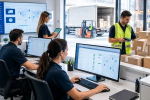 Equipo de logística gestionando pedidos B2B y distribución de mercancías entre empresas mediante procesos digitalizados